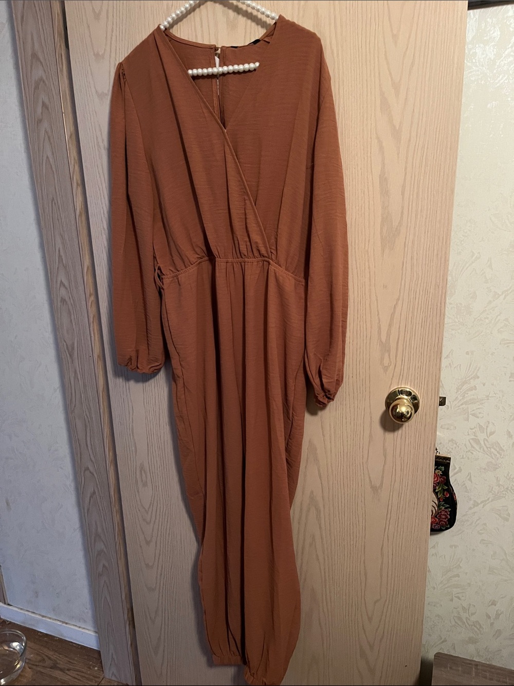 Women's Rust Long Sleeve Wrap Jumpsuit